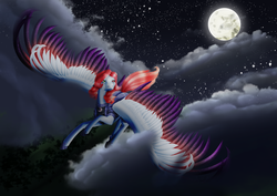Size: 3508x2480 | Tagged: safe, artist:oneiria-fylakas, oc, oc only, oc:black skel, pegasus, pony, armor, colored wings, female, flying, high res, mare, moon, multicolored wings, night, solo, wings