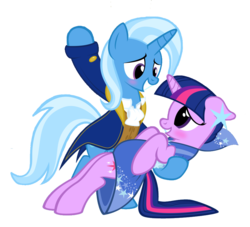 Size: 954x866 | Tagged: safe, artist:navitaserussirus, edit, trixie, twilight sparkle, pony, unicorn, g4, beauty and the beast, blushing, clothes, dress, female, floppy ears, gala dress, lesbian, ship:twixie, shipping, simple background, smiling, transparent background, unicorn twilight, vector