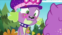 Size: 715x404 | Tagged: safe, screencap, princess thunder guts, spike, spike the regular dog, dog, equestria girls, equestria girls series, g4, lost and pound, spoiler:choose your own ending (season 2), spoiler:eqg series (season 2), blushing, female, lost and pound: spike, male, offscreen character, shipping, sky, smiling, spike's dog collar, spike's festival hat, spunder, straight