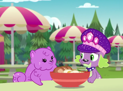 Size: 540x399 | Tagged: safe, screencap, princess thunder guts, spike, spike the regular dog, dog, equestria girls, g4, lost and pound, lost and pound: spike, my little pony equestria girls: choose your own ending, female, food, hat, male, noodles, paws, shipping, shipping fuel, spike's festival hat, spunder, straight