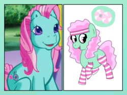 Size: 2048x1536 | Tagged: safe, artist:colorcodetheartist, edit, edited screencap, screencap, minty, earth pony, pony, g3, g4, clothes, comparison, frizzy hair, g3 to g4, generation leap, pink mane, redesign, socks, striped socks, sweatband