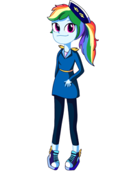 Size: 2250x3000 | Tagged: safe, rainbow dash, equestria girls, g4, blue, clothes, converse, costume, cute, dashabetes, female, high res, looking at you, pilot, pose, shoes, sneakers, solo