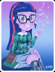 Size: 696x913 | Tagged: safe, alternate version, artist:artmlpk, sci-twi, twilight sparkle, equestria girls, g4, big smile, blushing, book, chic, clothes, cute, female, looking at you, nerd, nerdy, noise, old school, old timey, older, peace sign, smiling, socks, solo, twiabetes, uniform