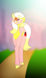 Size: 1856x3144 | Tagged: artist needed, safe, oc, oc only, oc:carmen garcía, earth pony, pony, female, flower, flower in hair, looking up, smiling, solo, walking