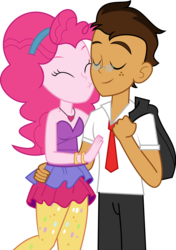 Size: 4525x6412 | Tagged: safe, artist:shootingstarsentry, pinkie pie, oc, oc:copper plume, equestria girls, g4, absurd resolution, base used, canon x oc, cheek kiss, clothes, commission, commissioner:imperfectxiii, copperpie, duo, female, freckles, glasses, imminent kissing, kissing, male, pants, straight