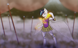 Size: 3200x2000 | Tagged: safe, artist:al1-ce, derpibooru exclusive, shining armor, anthro, g4, armor, armor skirt, armpits, battlefield, commission, high res, magic, male, skirt, solo, spear, standing, weapon, your character here