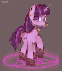 Size: 2023x2299 | Tagged: safe, artist:lilveon, twilight sparkle, alicorn, pony, g4, alchemy, alternate universe, boots, female, folded wings, glowing horn, high res, horn, jewelry, magic, magic circle, mare, mouth hold, shoes, simple background, solo, twilight sparkle (alicorn), wings