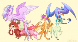 Size: 5896x3238 | Tagged: safe, artist:marbola, gallus, ocellus, sandbar, silverstream, smolder, yona, changedling, changeling, dragon, earth pony, griffon, hippogriff, pony, yak, g4, colored hooves, cute, diaocelles, diastreamies, dragoness, female, gallabetes, realistic horse legs, sandabetes, simple background, smiling, smolderbetes, student six, yellow background, yonadorable