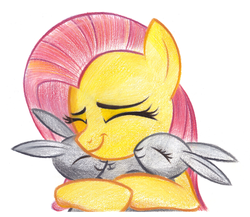 Size: 2804x2430 | Tagged: safe, artist:fladdrarblyg, fluttershy, pegasus, pony, rabbit, g4, interseason shorts, teacher of the month (episode), animal, cute, eyes closed, female, high res, hug, mare, shyabetes, simple background, traditional art, white background