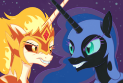 Size: 1920x1295 | Tagged: safe, artist:fladdrarblyg, daybreaker, nightmare moon, alicorn, pony, g4, armor, duo, ethereal mane, eyeshadow, fangs, female, flowing mane, makeup, mane of fire, mare, rivalry, sibling rivalry, slit pupils