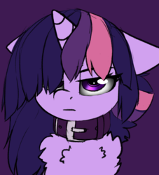 Size: 1084x1192 | Tagged: safe, artist:duop-qoub, twilight sparkle, alicorn, pony, descended twilight, alternate hairstyle, collar, female, floppy ears, solo, twilight sparkle (alicorn), twilight sparkle is not amused, unamused