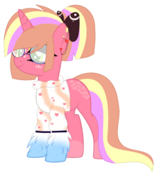 Size: 2878x3008 | Tagged: safe, artist:mint-light, artist:rukemon, oc, oc only, oc:pink prada, pony, unicorn, base used, bow, clothes, commission, ear piercing, earring, eyeshadow, female, glasses, hair bow, high res, jewelry, makeup, mare, markings, piercing, simple background, solo, sweater, transparent background