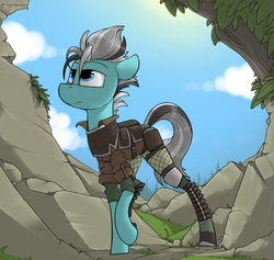Size: 1047x991 | Tagged: safe, artist:sinrar, oc, oc only, oc:tireless tracker, earth pony, pony, armor, clothes, commission, explorer outfit, exploring, male, solo, stallion