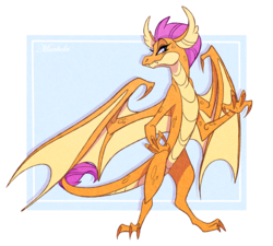 Size: 2056x1851 | Tagged: safe, artist:marbola, part of a set, smolder, dragon, g4, claws, dragoness, female, horns, looking at you, slit pupils, smiling, solo, spread wings, toes, wings