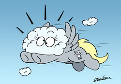 Size: 4790x3343 | Tagged: safe, artist:bobthedalek, derpy hooves, pegasus, pony, g4, atg 2019, cloud, cute, derpabetes, female, flying, mare, newbie artist training grounds, sky, solo, startled, stuck, stuck in a cloud