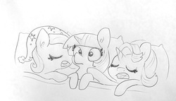 Size: 1824x1044 | Tagged: safe, artist:tjpones, starlight glimmer, trixie, twilight sparkle, pony, g4, bed, blanket, drool, implied lesbian, implied threesome, implied twistartrix, morning after, nightcap, pillow, sleeping, trixie's nightcap