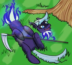 Size: 1600x1444 | Tagged: safe, artist:lizardwithhat, oc, oc only, dullahan, pony, atg 2019, disembodied head, fire, headless, magic, modular, newbie artist training grounds, ponified, scythe, solo