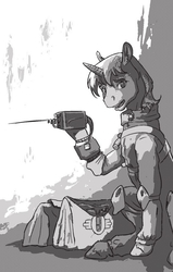 Size: 508x800 | Tagged: safe, artist:adeptus-monitus, oc, oc only, oc:littlepip, pony, unicorn, fallout equestria, fallout equestria illustrated, black and white, clothes, fanfic, fanfic art, female, grayscale, hooves, horn, jumpsuit, mare, monochrome, open mouth, pipbuck, saddle bag, sitting, solo, vault suit