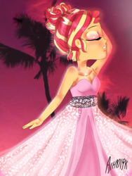 Size: 1800x2400 | Tagged: safe, artist:artmlpk, sunset shimmer, equestria girls, g4, alternate hairstyle, armpits, beach, beautiful, clothes, cute, design, diamond, digital art, dress, eyelashes, eyes closed, eyeshadow, fashion, female, hand on head, makeup, party, party dress, pretty, shimmerbetes, solo, sunset