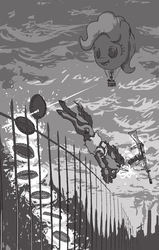 Size: 509x800 | Tagged: safe, artist:adeptus-monitus, oc, oc only, oc:littlepip, pony, unicorn, fallout equestria, fallout equestria illustrated, assault rifle, black and white, cloud, cloudy, cutie mark, fanfic, fanfic art, female, fence, fillydelphia, glowing horn, grayscale, gun, hooves, horn, levitation, magic, mare, monochrome, pinkie pie balloons, pipbuck, rifle, smokestacks, sniper, solo focus, telekinesis, weapon