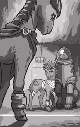Size: 507x800 | Tagged: safe, artist:adeptus-monitus, oc, oc only, oc:littlepip, oc:red eye, cyborg, earth pony, pony, unicorn, fallout equestria, fallout equestria illustrated, bandage, black and white, cape, clothes, cutie mark, cyber eyes, fanfic, fanfic art, female, fillydelphia, grayscale, hooves, horn, male, mare, monochrome, open mouth, pipbuck, robobrain, stallion