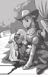 Size: 499x800 | Tagged: safe, artist:adeptus-monitus, oc, oc only, oc:calamity, oc:velvet remedy, pegasus, pony, unicorn, fallout equestria, fallout equestria illustrated, black and white, blood, cowboy hat, dashite, fanfic, fanfic art, female, floppy ears, grayscale, gritted teeth, hat, hooves, horn, lying down, male, mare, monochrome, open mouth, sitting, stable (vault), stable 2, stage, stallion, wings