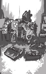 Size: 507x800 | Tagged: safe, artist:adeptus-monitus, oc, oc only, oc:palette (foe), earth pony, pony, fallout equestria, fallout equestria illustrated, applejack's cutie mark, applejack's rangers, armor, black and white, fallout equestria oc, fanfic, fanfic art, female, grayscale, hooves, male, mare, monochrome, paintbrush, palette, pipbuck, power armor, stable (vault), stable 2, stallion, steel ranger, toolbox, vault