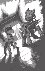 Size: 507x800 | Tagged: safe, artist:adeptus-monitus, oc, oc only, oc:calamity, oc:littlepip, pegasus, pony, unicorn, fallout equestria, fallout equestria illustrated, armor, battle saddle, black and white, clothes, dashite, duo, enclave, enclave armor, fanfic, fanfic art, female, grayscale, gun, hooves, horn, jumpsuit, magical energy weapon, male, mare, monochrome, old olneigh, open mouth, pipbuck, power armor, splendid valley, stallion, vault suit, weapon, wings