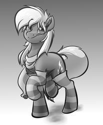 Size: 3300x4000 | Tagged: safe, artist:witchtaunter, oc, oc only, oc:chelley, earth pony, pony, clothes, commission, gradient background, monochrome, scarf, socks, solo, standing, striped socks