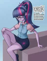 Size: 1090x1421 | Tagged: safe, artist:oldskullkid, sci-twi, twilight sparkle, equestria girls, g4, clothes, female, glasses, legs, looking at you, miniskirt, ponytail, skirt, solo, thighs