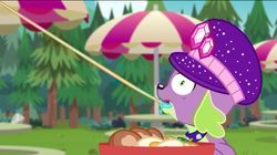 Size: 719x403 | Tagged: safe, screencap, spike, spike the regular dog, dog, equestria girls, g4, lost and pound, lost and pound: spike, my little pony equestria girls: choose your own ending, food, noodles, spike's dog collar, spike's festival hat, umbrella