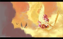 Size: 1280x800 | Tagged: safe, artist:joan-grace, fluttershy, bird, anthro, unguligrade anthro, g4, cloud, female, flying, large wings, sky, solo, wings