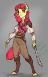 Size: 690x1100 | Tagged: safe, artist:joan-grace, apple bloom, earth pony, anthro, unguligrade anthro, g4, alternate universe, female, pirate, solo, sword, weapon