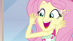 Size: 1280x720 | Tagged: safe, screencap, fluttershy, equestria girls, g4, i'm on a yacht, my little pony equestria girls: better together, cute, faic, female, geode of fauna, magical geodes, open mouth, shyabetes, smiling, solo