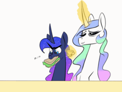 Size: 720x540 | Tagged: safe, artist:underpable, princess celestia, princess luna, alicorn, pony, g4, animated, atg 2019, broken, broken glass, crunch, cup, cute, cutelestia, eating, eyes closed, facedesk, female, food, frown, glare, herbivore, levitation, lunabetes, magic, majestic as fuck, mare, missing accessory, mouth hold, newbie artist training grounds, nom, onomatopoeia, ouch, royal sisters, sandwich, shocked, simple background, smiling, sound effects, surprised, teacup, telekinesis, tired, white background, wide eyes, zzz