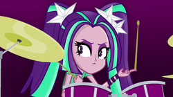 Size: 1280x717 | Tagged: safe, artist:grapefruitface1, aria blaze, equestria girls, g4, my little pony equestria girls: rainbow rocks, base used, clothes, drum kit, drummer, drums, drumsticks, female, gradient background, looking to the left, musical instrument, show accurate, solo