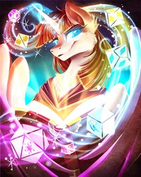 Size: 3276x4096 | Tagged: safe, artist:jadedjynx, oc, oc only, oc:fausticorn, alicorn, pony, book, cape, clothes, dice, dungeons and dragons, female, looking at you, magic, mare, pen and paper rpg, rpg, smiling, solo