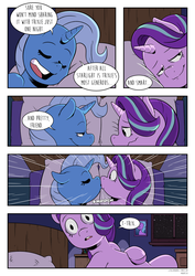 Size: 2893x4092 | Tagged: safe, artist:raph13th, starlight glimmer, trixie, pony, unicorn, comic:glim glam and pals, g4, bed, comic, drunk, drunklight glimmer, duo, female, impulsive, kiss on the lips, kissing, lesbian, mare, ship:startrix, shipping, smooch, sudden kiss, surprise kiss, surprised, wavy mouth