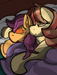 Size: 817x1080 | Tagged: safe, artist:not_texmex, derpibooru exclusive, aunt holiday, scootaloo, pony, g4, bed, bed mane, black outlines, colored sketch, cuddling, cute, ear fluff, messy mane, scootalove, sleeping, snoring