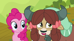 Size: 1280x720 | Tagged: safe, screencap, pinkie pie, yona, earth pony, pony, yak, g4, she's all yak, bow, cloven hooves, cute, diapinkes, duo, female, hair bow, monkey swings, tree, yonadorable