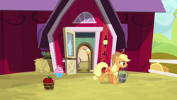 Size: 1280x720 | Tagged: safe, screencap, applejack, earth pony, pony, g4, she's all yak, bucket, female, freckles, mare, mouth hold, solo