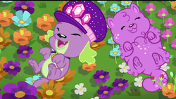 Size: 720x407 | Tagged: safe, screencap, princess thunder guts, spike, spike the regular dog, dog, equestria girls, g4, lost and pound, lost and pound: spike, my little pony equestria girls: choose your own ending, cute, eyes closed, female, male, paw pads, paws, puppy love, shipping, shipping fuel, spikabetes, spike's dog collar, spike's festival hat, spunder, straight, tail, underpaw