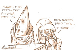 Size: 1185x776 | Tagged: safe, artist:gachucho, pinkie pie, pony, g4, atg 2012, coin, dialogue, grayscale, monochrome, pinkamena diane pie, puzzled, pyramid head, silent hill, simple background, sketch, traditional art, white background