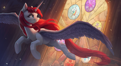 Size: 3940x2160 | Tagged: safe, artist:vanillaghosties, oc, oc only, oc:fausticorn, alicorn, pony, alicorn oc, cutie mark, female, flying, high res, lauren faust, mare, smiling, solo, spread wings, stained glass, wings