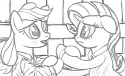 Size: 5400x3300 | Tagged: safe, artist:verulence, applejack, rarity, pony, g4, absurd resolution, cute, female, holding hooves, inception, jackabetes, lesbian, looking at each other, mare, monochrome, raribetes, sad, sadorable, ship:rarijack, shipping, simple background, sketch, this will end in death, traditional art, train tracks