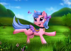 Size: 6300x4550 | Tagged: safe, artist:darksly, royal ribbon, butterfly, pony, unicorn, g4, absurd resolution, commission, female, grass field, mare, open mouth, reward, scenery, solo, tree