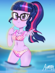 Size: 1800x2400 | Tagged: safe, artist:artmlpk, sci-twi, twilight sparkle, equestria girls, g4, armpits, beach, belly button, bikini, blushing, breasts, cleavage, clothes, cute, female, geode of telekinesis, hair, hand, legs in the water, lip bite, looking at you, magical geodes, midriff, ocean, ponytail, reflection, smiling, smirk, solo, swimsuit, twiabetes