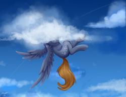 Size: 1280x990 | Tagged: safe, artist:allforyouart, derpy hooves, pony, g4, atg 2019, cloud, female, newbie artist training grounds, signature, sky, solo, stuck, stuck in a cloud