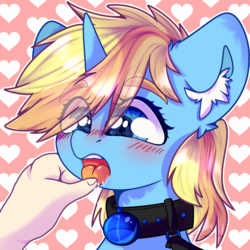 Size: 2000x2000 | Tagged: safe, artist:etoz, oc, oc only, oc:skydreams, pony, unicorn, blushing, collar, drool, ear fluff, female, femsub, finger in mouth, gem, hand, heart, high res, leash, mare, offscreen character, pet play, pony pet, salivating, solo, submissive, tongue out, ych result