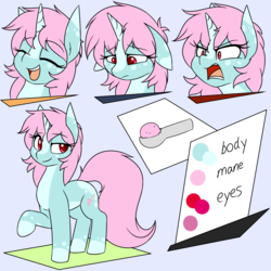 Size: 2000x2000 | Tagged: safe, artist:rice, oc, oc only, oc:scoops, pony, unicorn, angry, blaze (coat marking), coat markings, cute, cutie mark, eyes closed, facial markings, female, freckles, frown, happy, high res, mare, markings, raised hoof, reference sheet, sad, smiling, smirk, text, unicorn oc, yelling